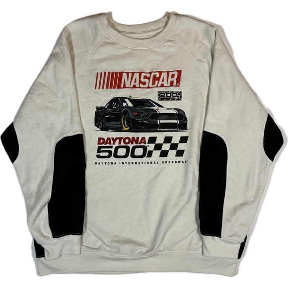 Nascar Sweaters - NASCAR Daytona Graphic Crewneck Pullover Sweatshirt off white and black 2XL